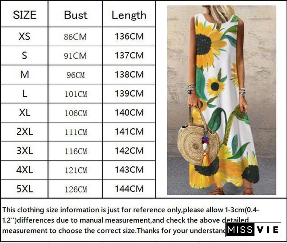 New Fashion Women's Elegant Sleeveless Flowers Print A-Line Dress Round Neck Casual Party Dresses Long Dress Plus Size