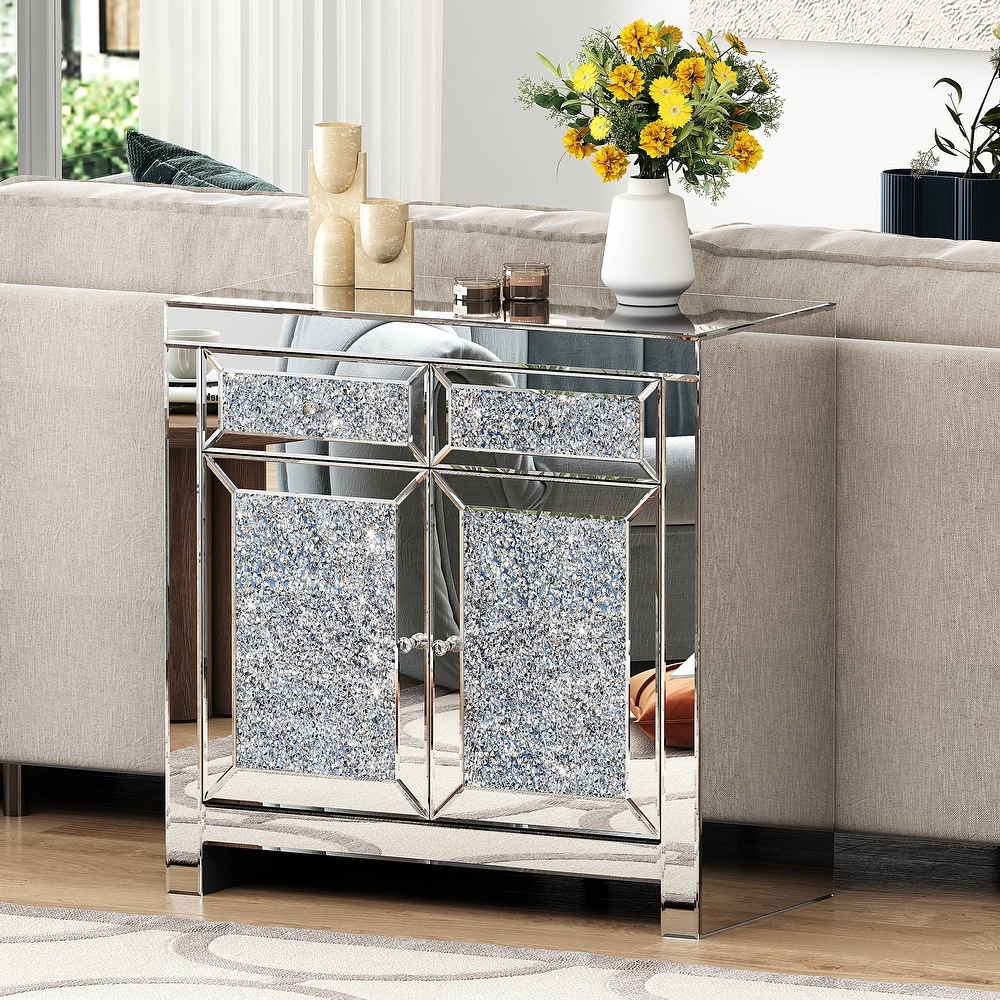 2 Door Mirrored Accent Cabinet Sideboard with Crushed Diamond