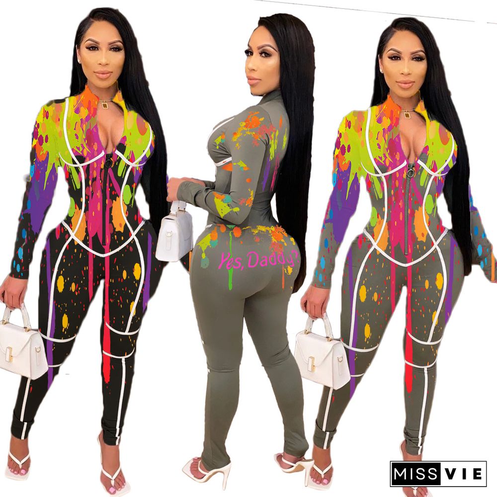 Inkjet Print Full Sleeve Stand Collar Elastic Skinny Jumpsuit