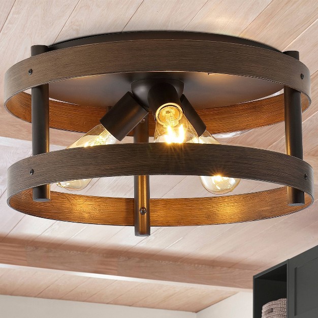 3 light Cooper Farmhouse Industrial Iron Led Flush Mount Brown Wood Finished oil Rubbed Bronze Jonathan Y