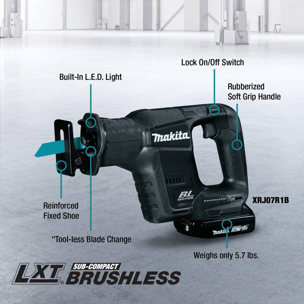 Makita 18V LXT Sub-Compact Lithium-Ion Brushless Cordless Recipro Saw Kit (2.0 Ah) XRJ07R1B