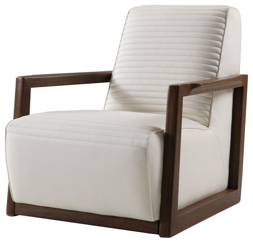 Horizontally Stitched Leather Accent Chair With Wooden Arms White And Brown   Transitional   Armchairs And Accent Chairs   by VirVentures  Houzz