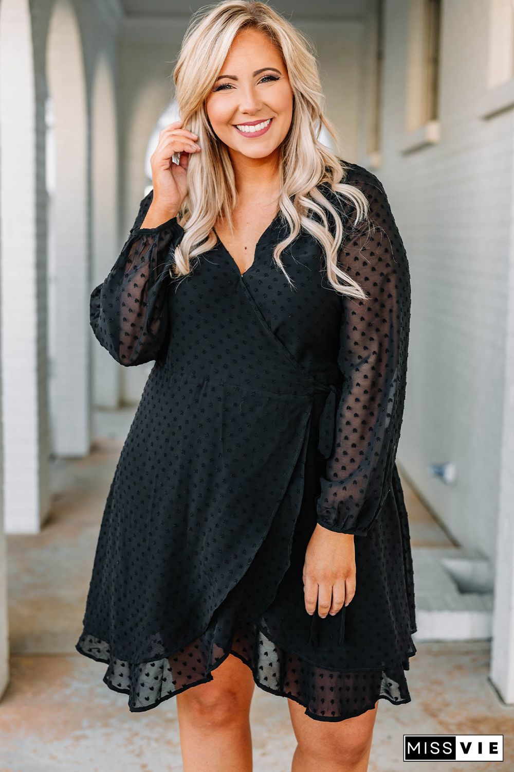 Black Plus Size Swiss Dot V Neck Wrap Long Sleeve Dress