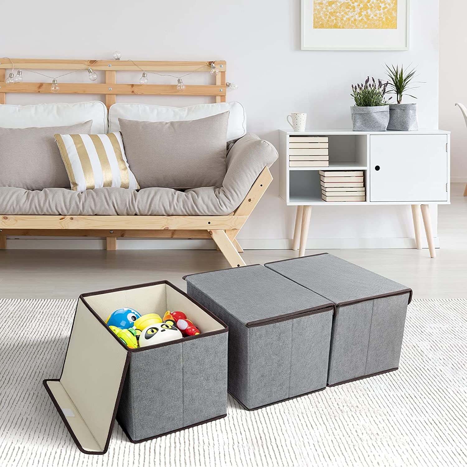 DIMJ Storage Bins with Lids, 3 Pcs Large Foldable Fabric Closet Organizer Storage Bins with Handle, Flip-Top Lid, Cube Storage Basket Box for Shelf, Bedroom, Office, Nursery, Toys, Cloth, Dark Gray