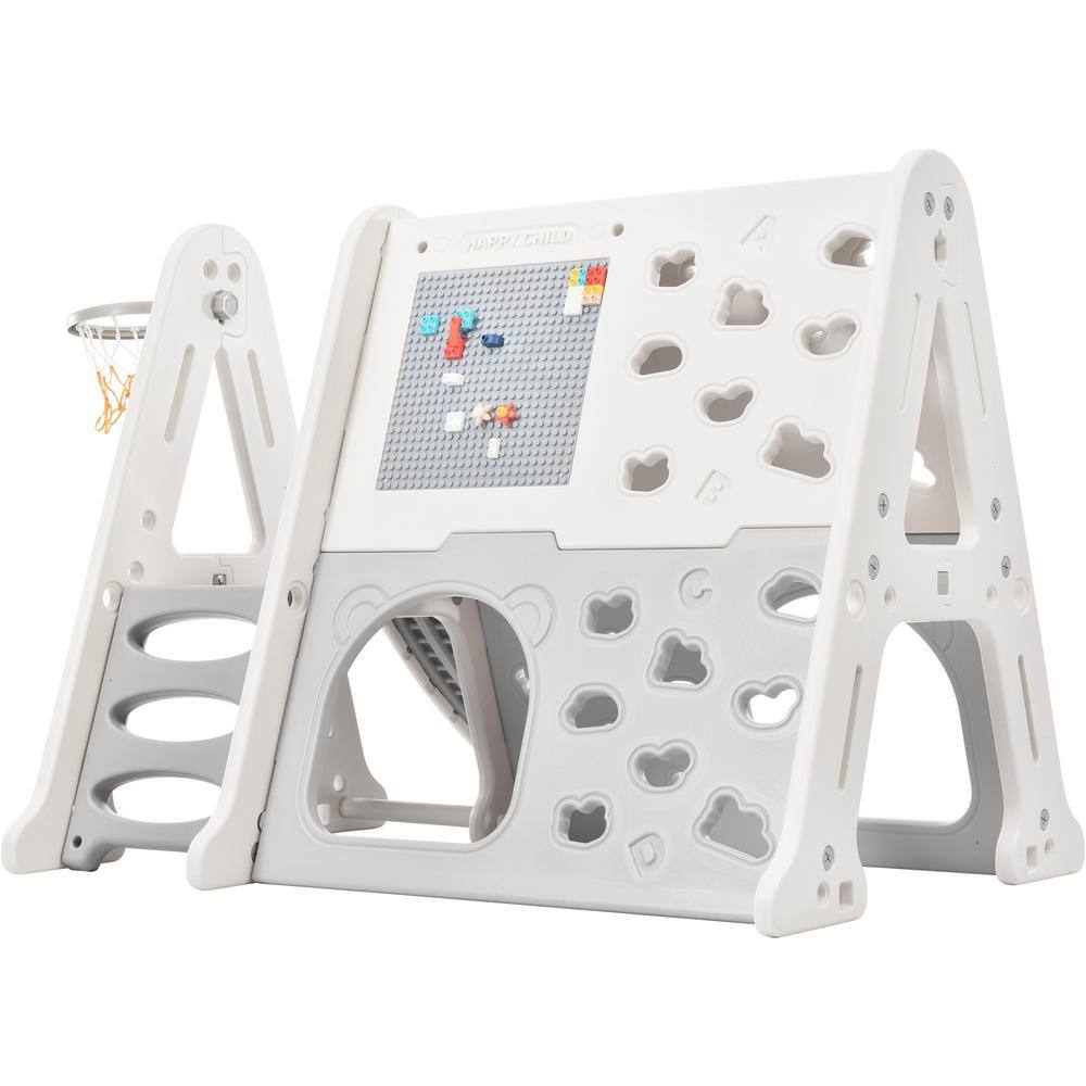 7-In-1 Gray HDPE Playset with Tunnel Climber Whiteboard Toy Building Block Baseplates Basketball Hoop LN20232361