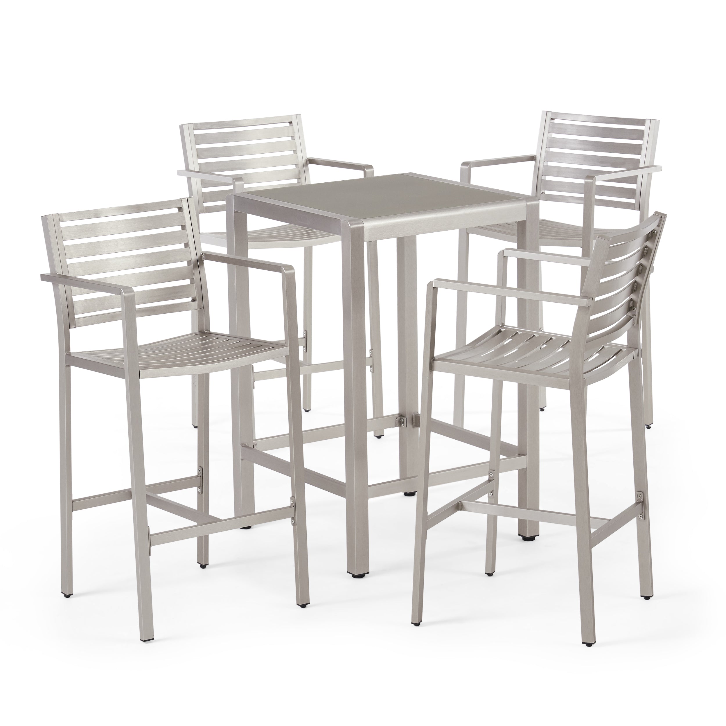 Tracy Outdoor 5 Piece Silver Rust-Proof Aluminum Bar Set with Grey Tempered Glass Top Bar Table