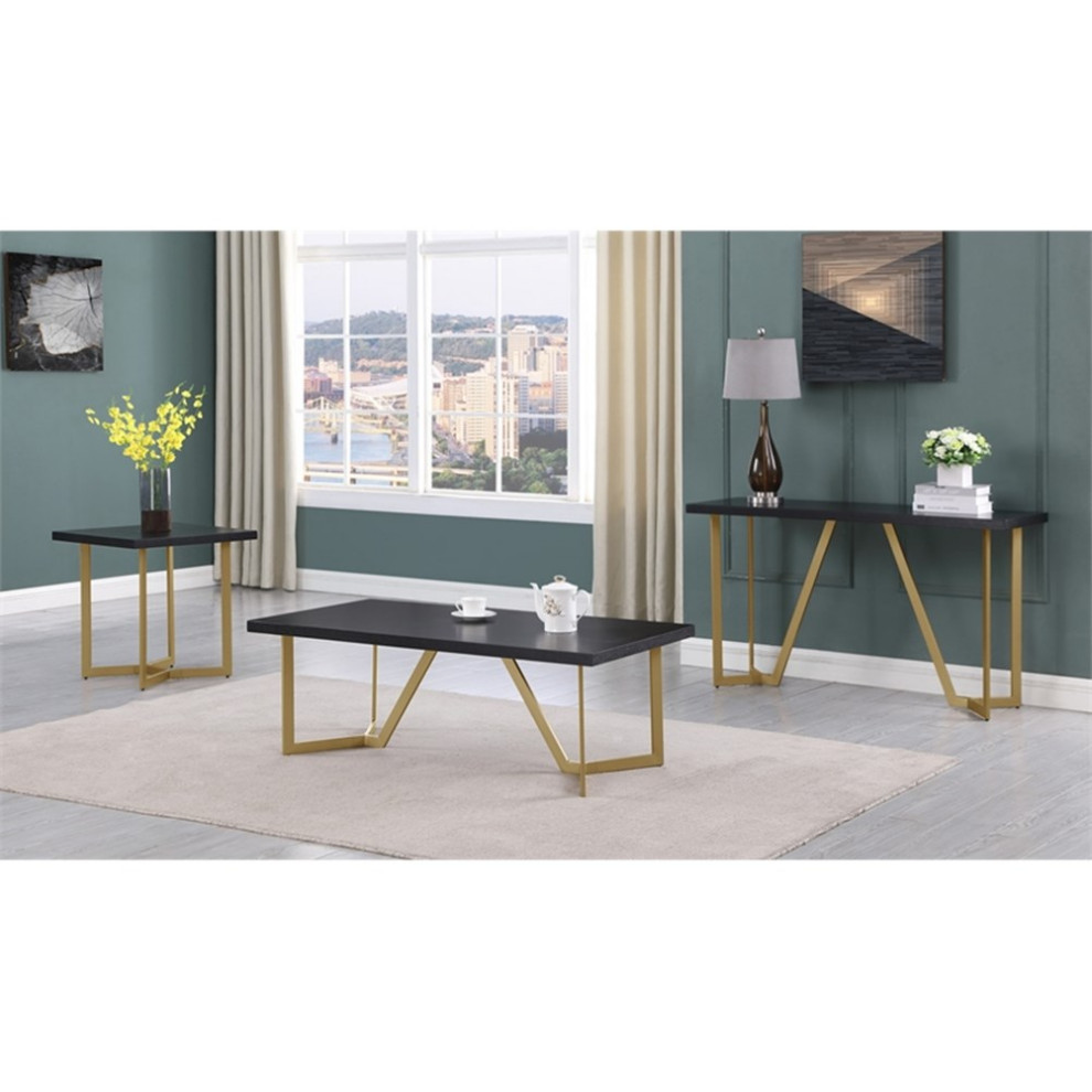 3pc Black Wood Coffee Table Set with Gold Painted Legs   Contemporary   Coffee Table Sets   by Homesquare  Houzz