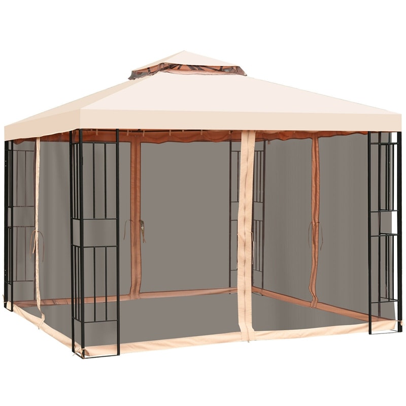 10 x 10 FT Patio Metal Gazebo with Netting, 2 Tier Vented Roof Outdoor Canopy Gazebo Tent