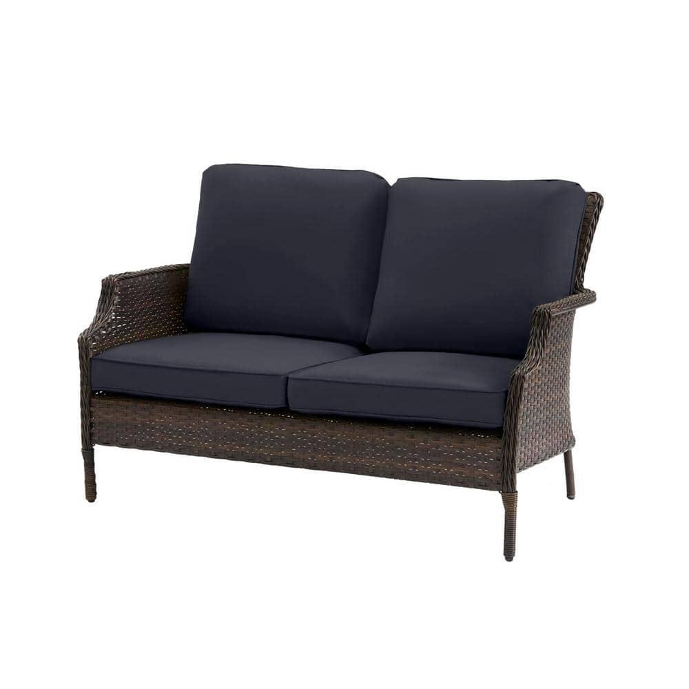 Hampton Bay Grayson Brown Wicker Outdoor Patio Loveseat with CushionGuard Midnight Navy Blue Cushions