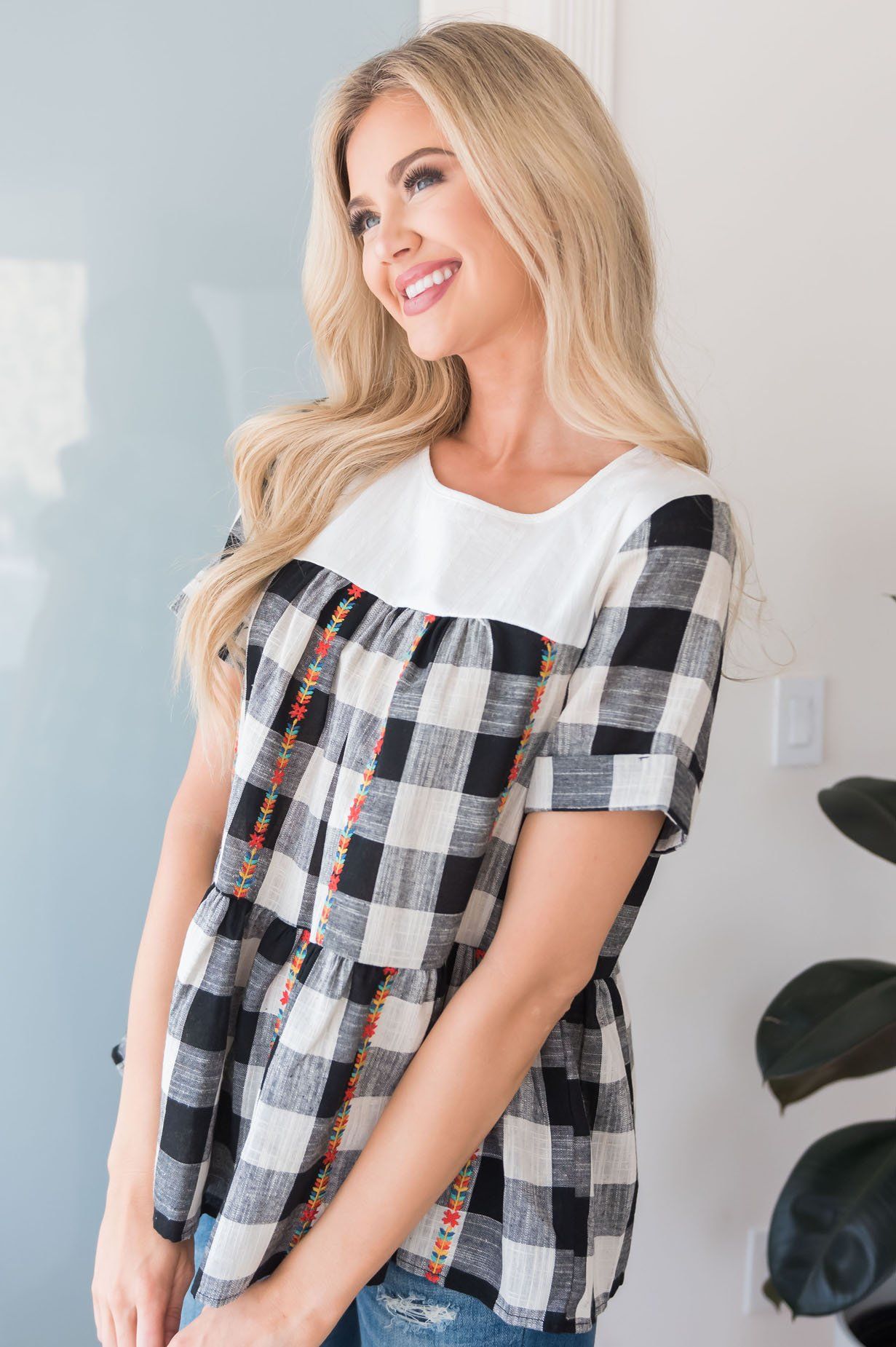 Playful Plaid Modest Blouse