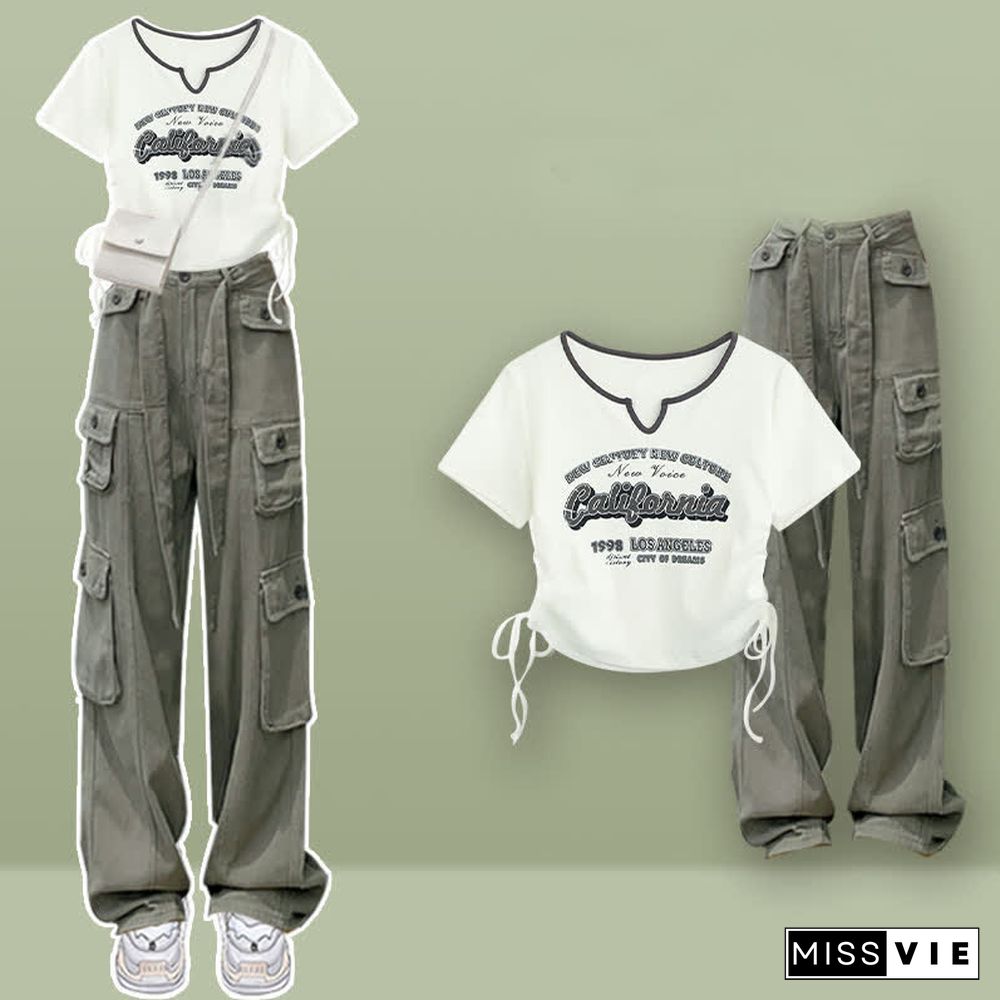 Retro Letter Print Drawstring Crop Top T-Shirt Casual Pocketed Cargo Pants