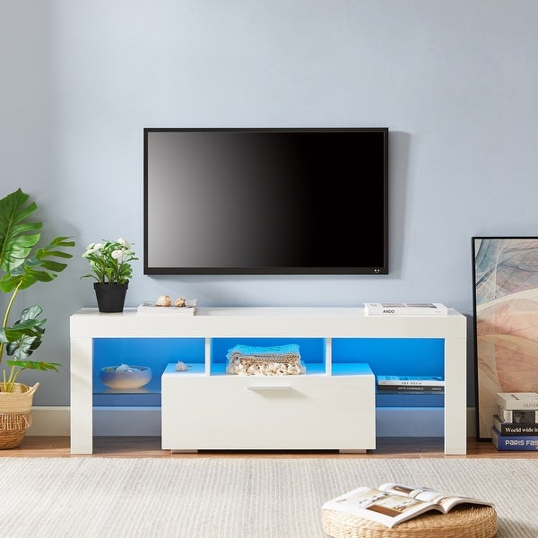 White Morden TV Stand with LED Lights， High Glossy Front TV Cabinet，Can be Assembled in Lounge Room， Living Room