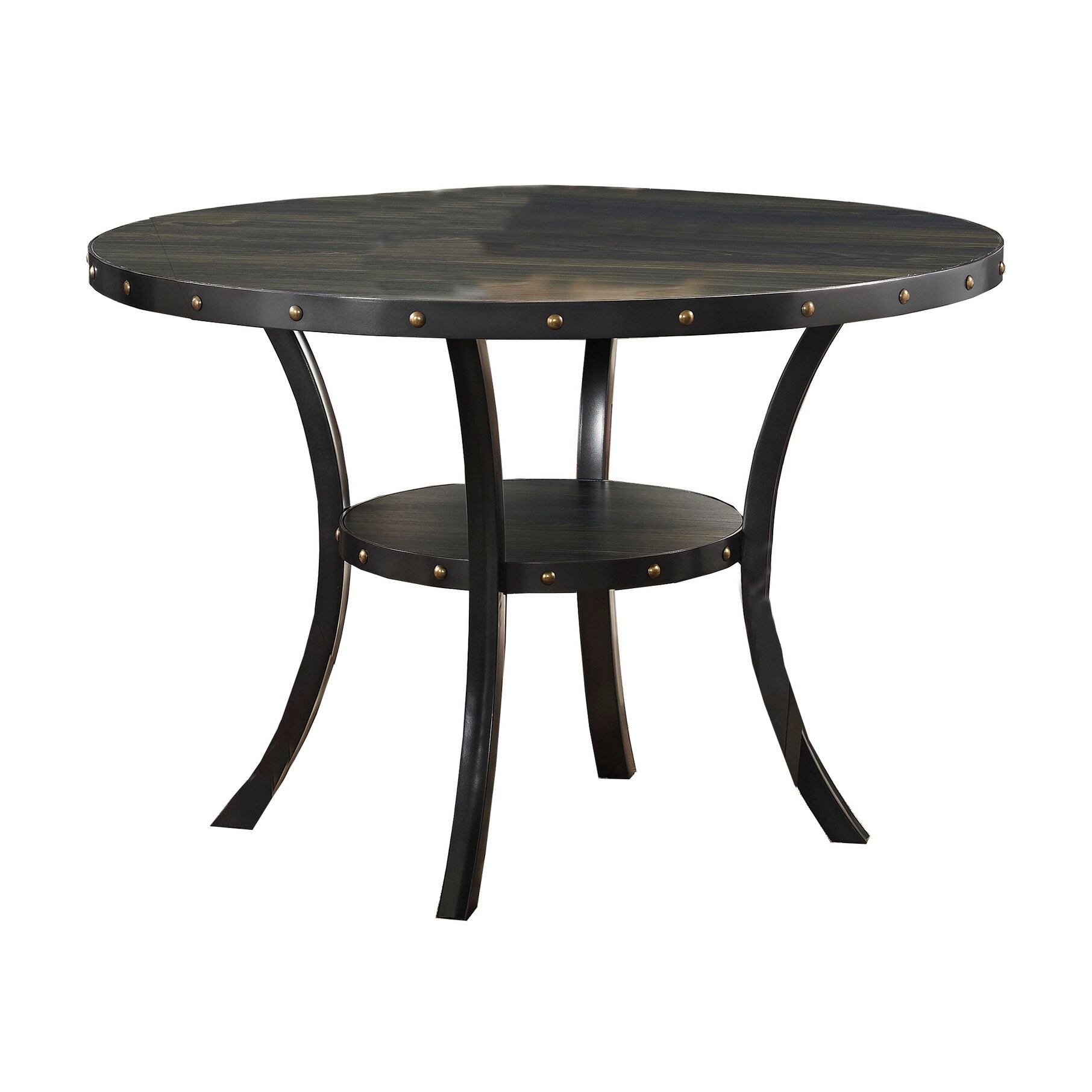 Wooden Round Dining Table with Open Shelf and Nailhead Trims， Black