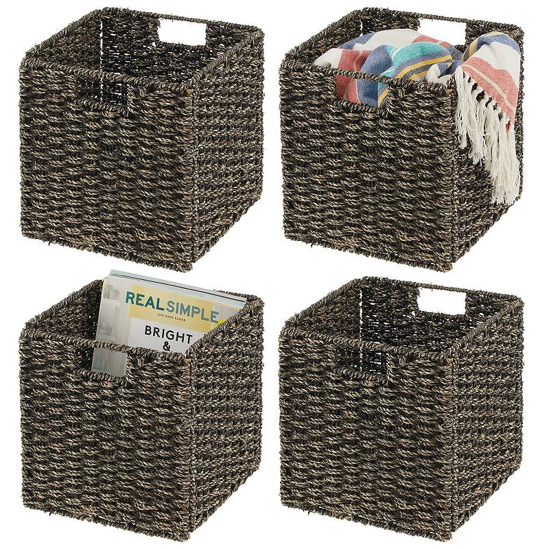 mDesign Seagrass Woven Cube Bin Basket Organizer， Handles， 4 Pack