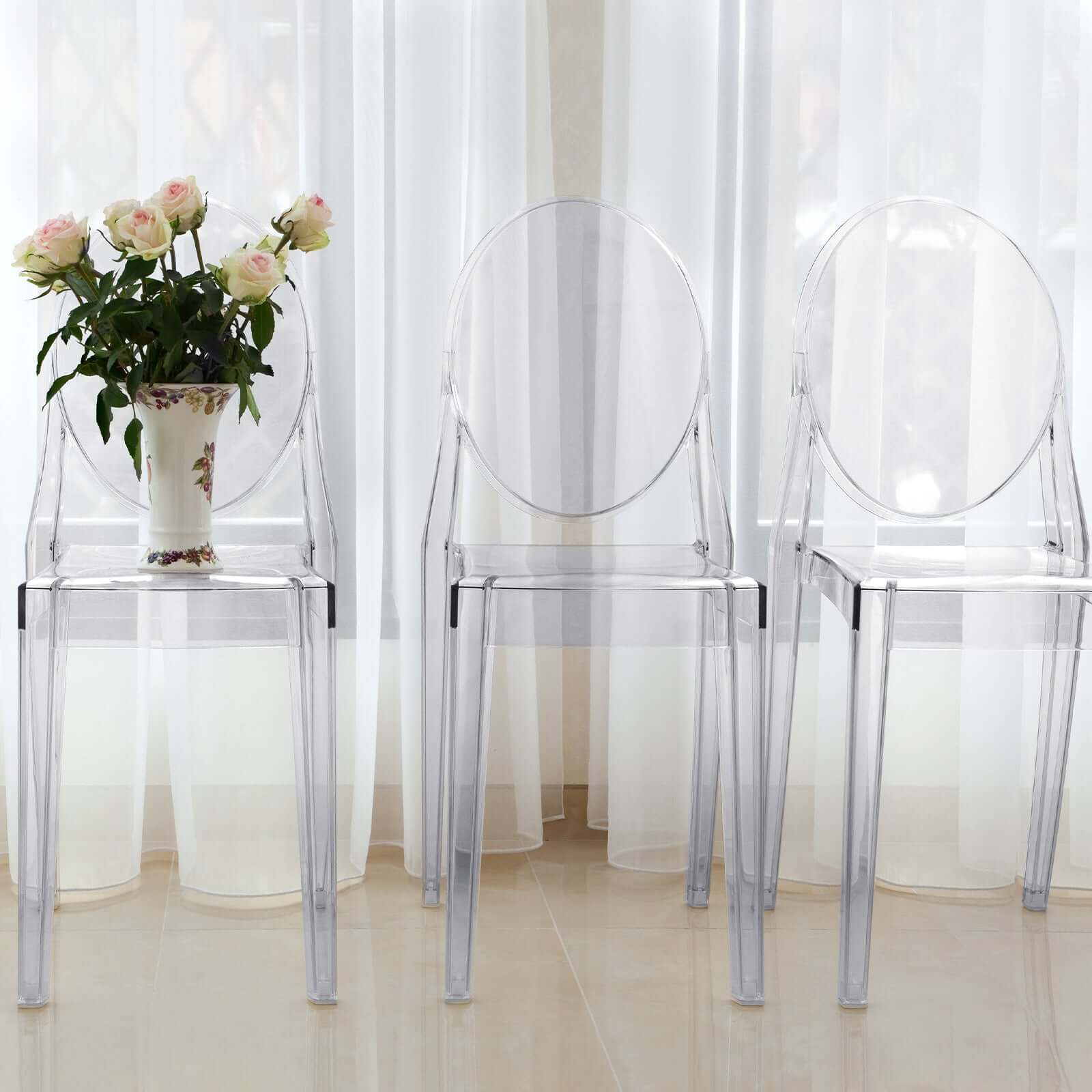 4 Pack Stackable Clear Acrylic Ghost Banquet Chairs with Oval Back, Fully Assembled Armless Event Accent Chair