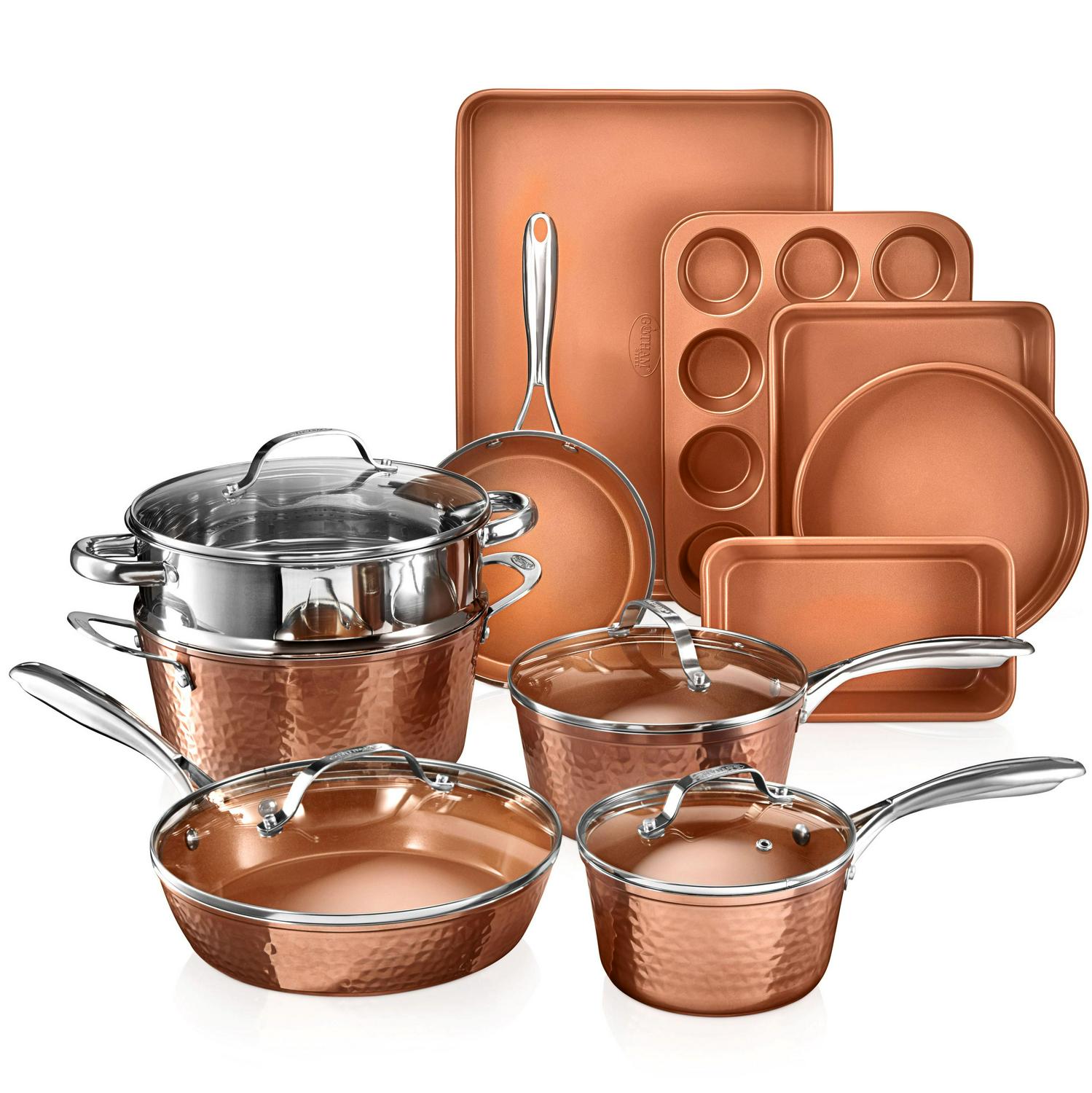 Gotham Steel Hammered Collection Pots and Pans Set， 15-Piece Premium Cookware and Bakeware Set， Non-Stick， Includes Fry Pans， Stock Pots， Bakeware Set and More， Copper