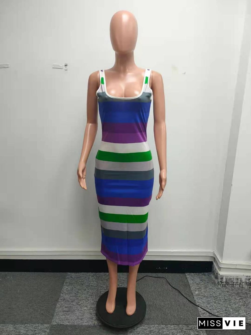 Summer Contrast Color Striped Sleeveless Bodycon Long Dress