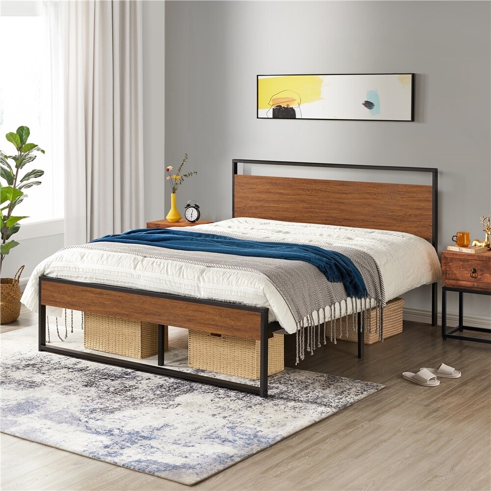 Yaheetech Rustic Metal Platform Bed Frame Sturdy Slatted Bed Base