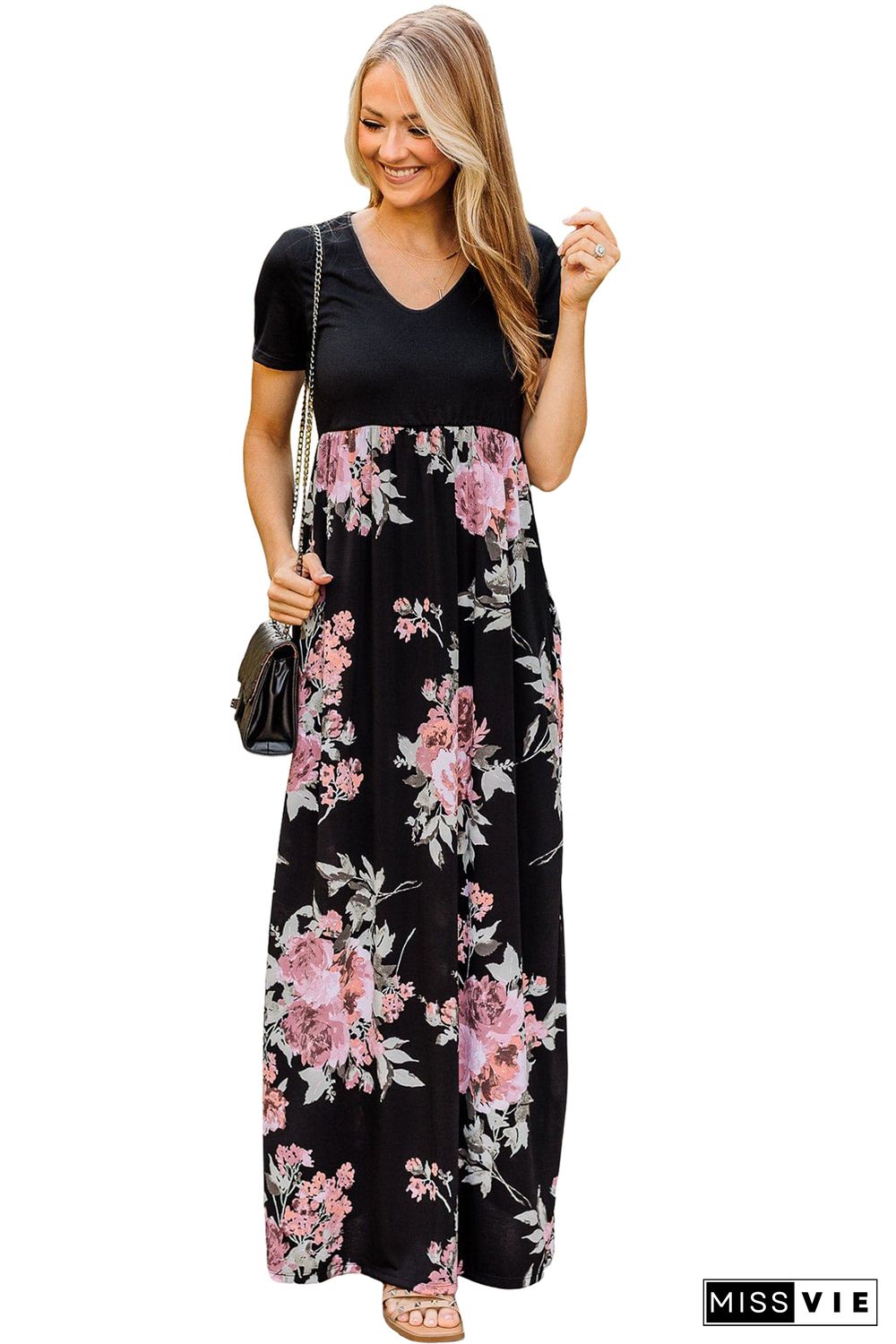 Black Contrast Floral Empire Waist Maxi Dress