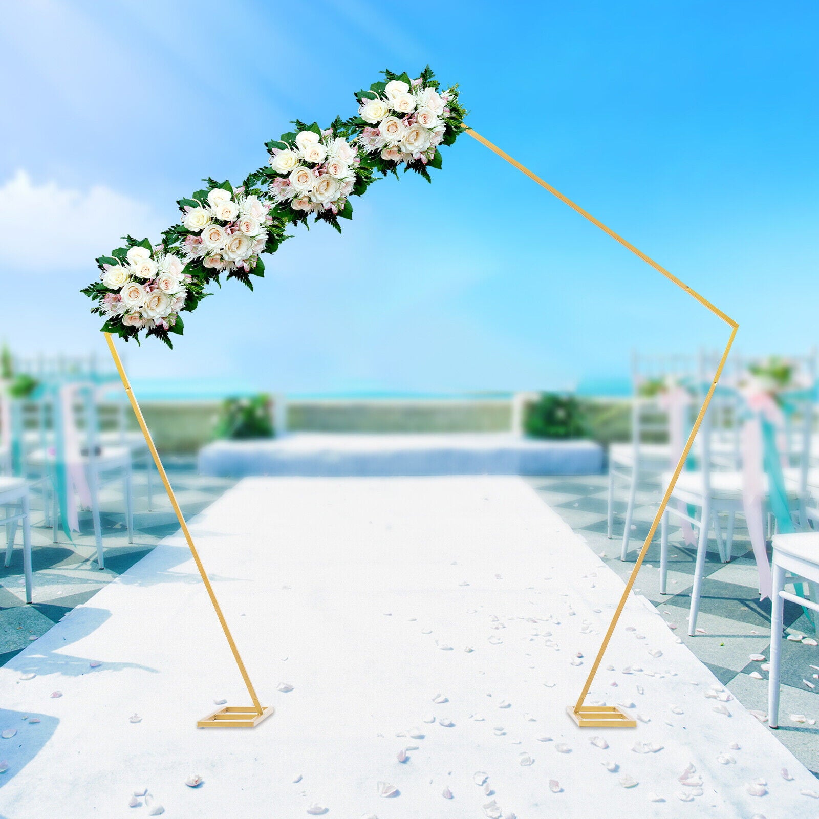 Flkoendmall 99" Pentagon Arch Wedding Backdrop Stand Gold Wrought Iron Framework Flower Rack