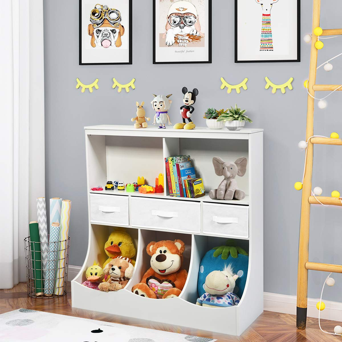 3-Tier Kids Bookcase Toddler Storage Organizer Cabinet Shelf w/ 8 Compartment Box and 3 Removable Drawers for Children