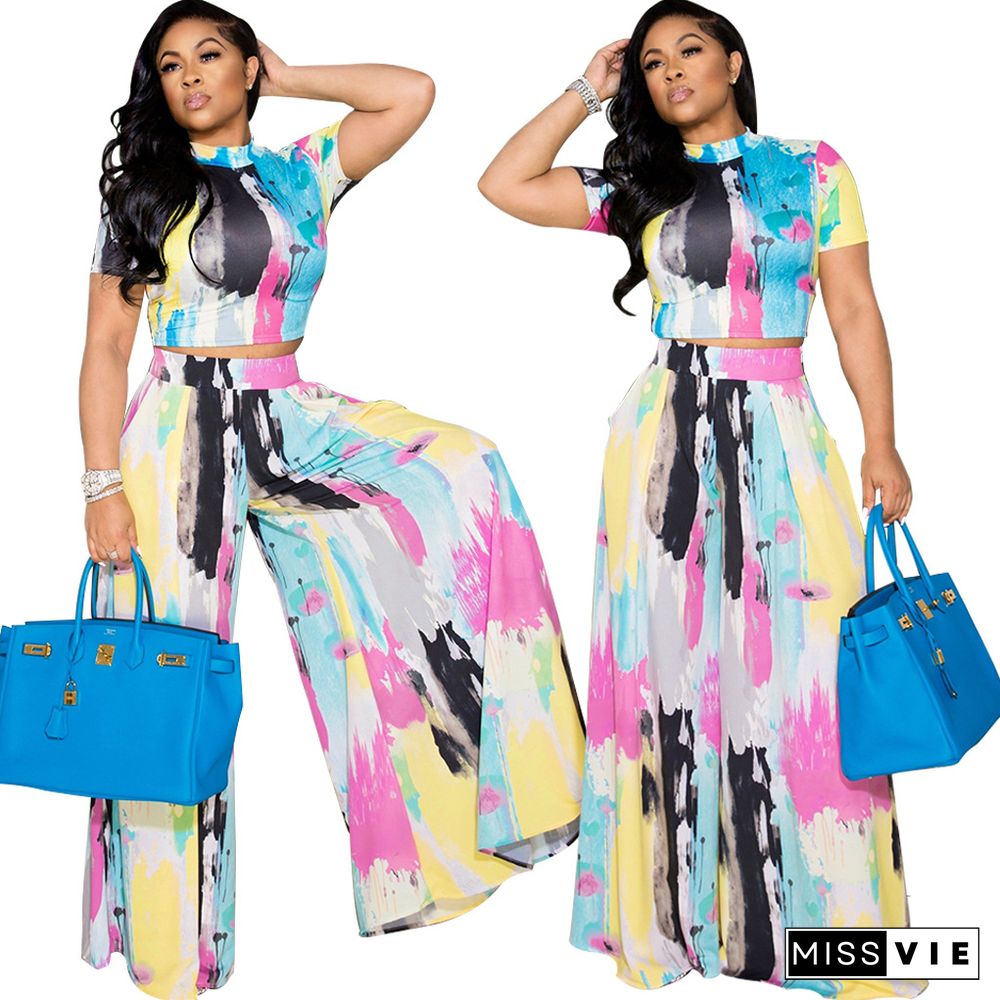 Elegant Women Summer Tie Dye Print Short Sleeve T Shirt Crop Top Wide Leg Pants 2 Piece Outfit