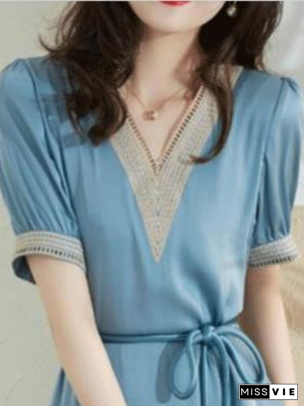 New Summer Elegant Dress V-neck Openwork Embroidered Lace Waist Slim Women's Commuter Casual Wear Dresses For Women Embroidery