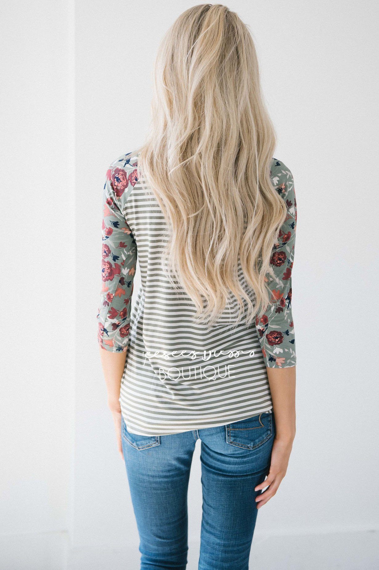 Olive Stripes Floral Sleeve Baseball Tee