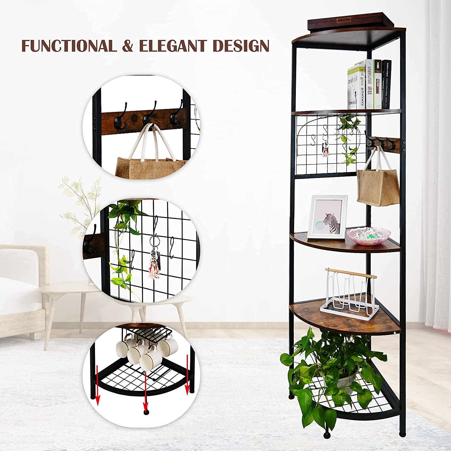 6 FT Tall 5-Tier Corner Shelf  Industrial Free Standing Corner Bookshelf Corner Display Storage Rack with Hanging Hooks Metal Frame Plant Stand Rack Antique Brown