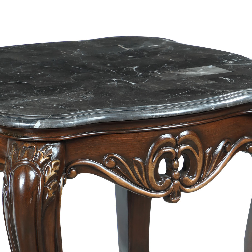 Wooden End Table with Marble Top and Floral Engravings  Brown and Black   Victorian   Side Tables And End Tables   by VirVentures  Houzz