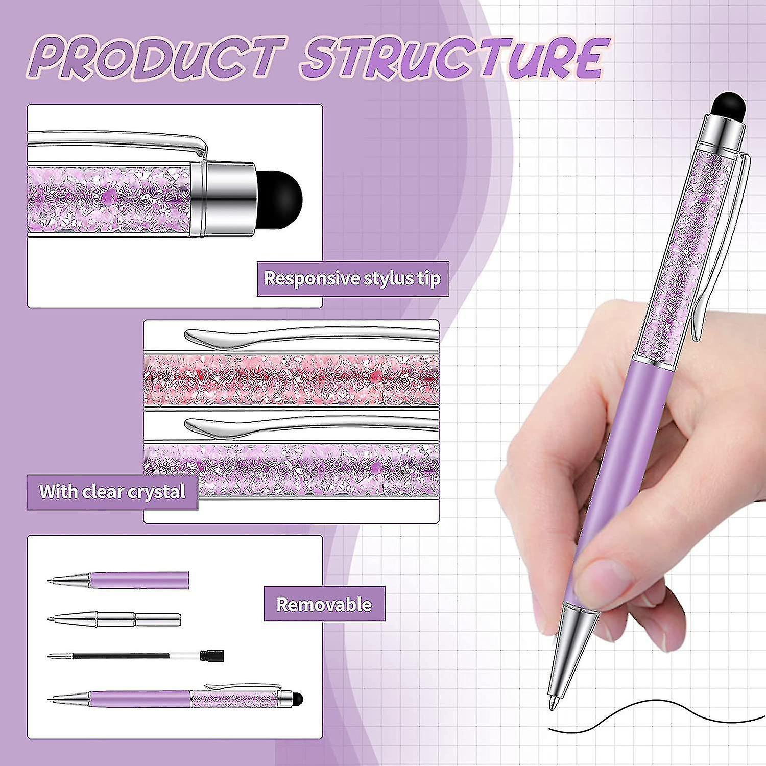 40pcs Crystal Ballpoint Pen Bulk Shiny 2 In 1 Slim Crystal Diamond Screen Stylus Black Gel Ink Ball