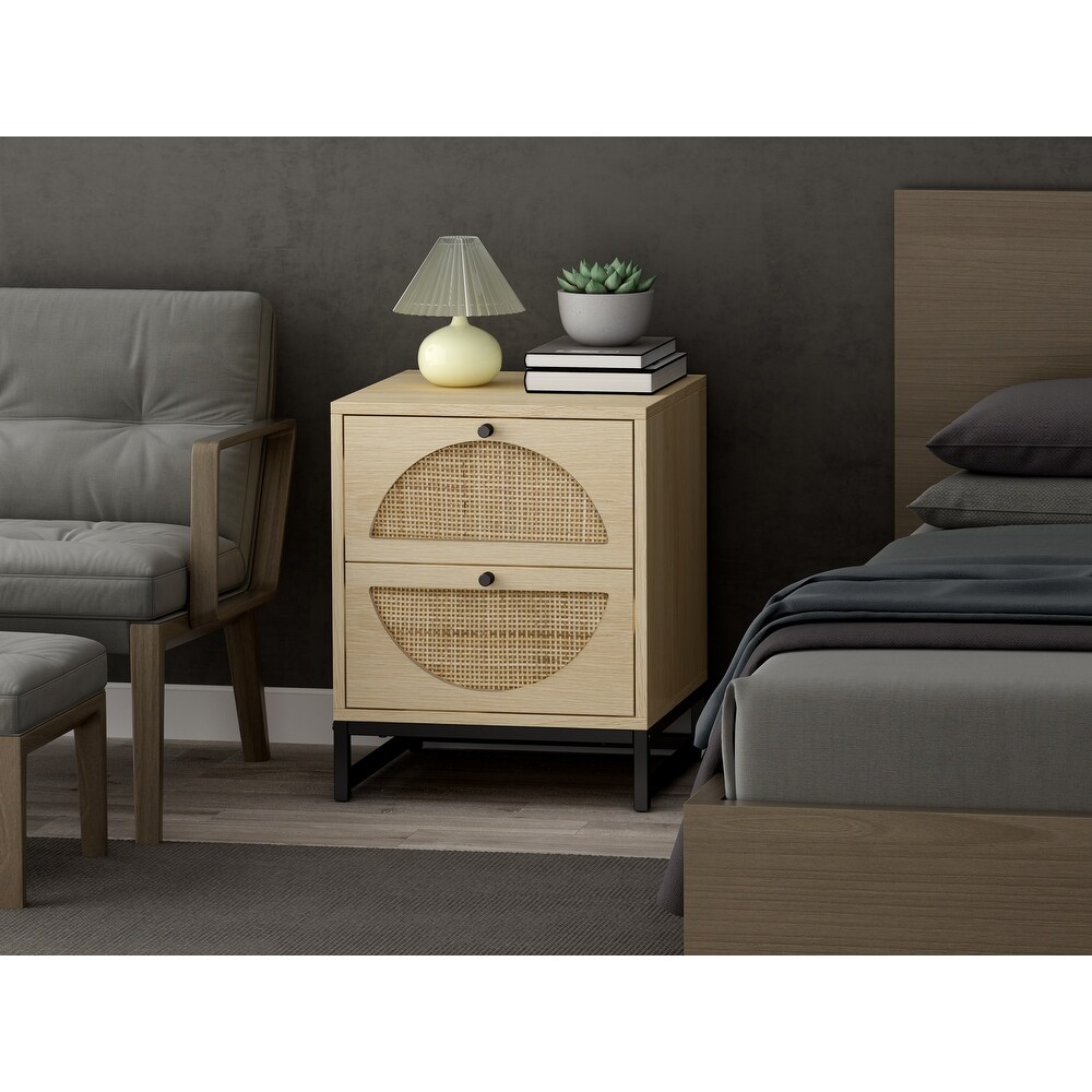 Natural Rattan Bark 2 drawer Nightstand  Semicircular Pattern Embedded  Upper and Lower Drawers  Protruding Round Handles