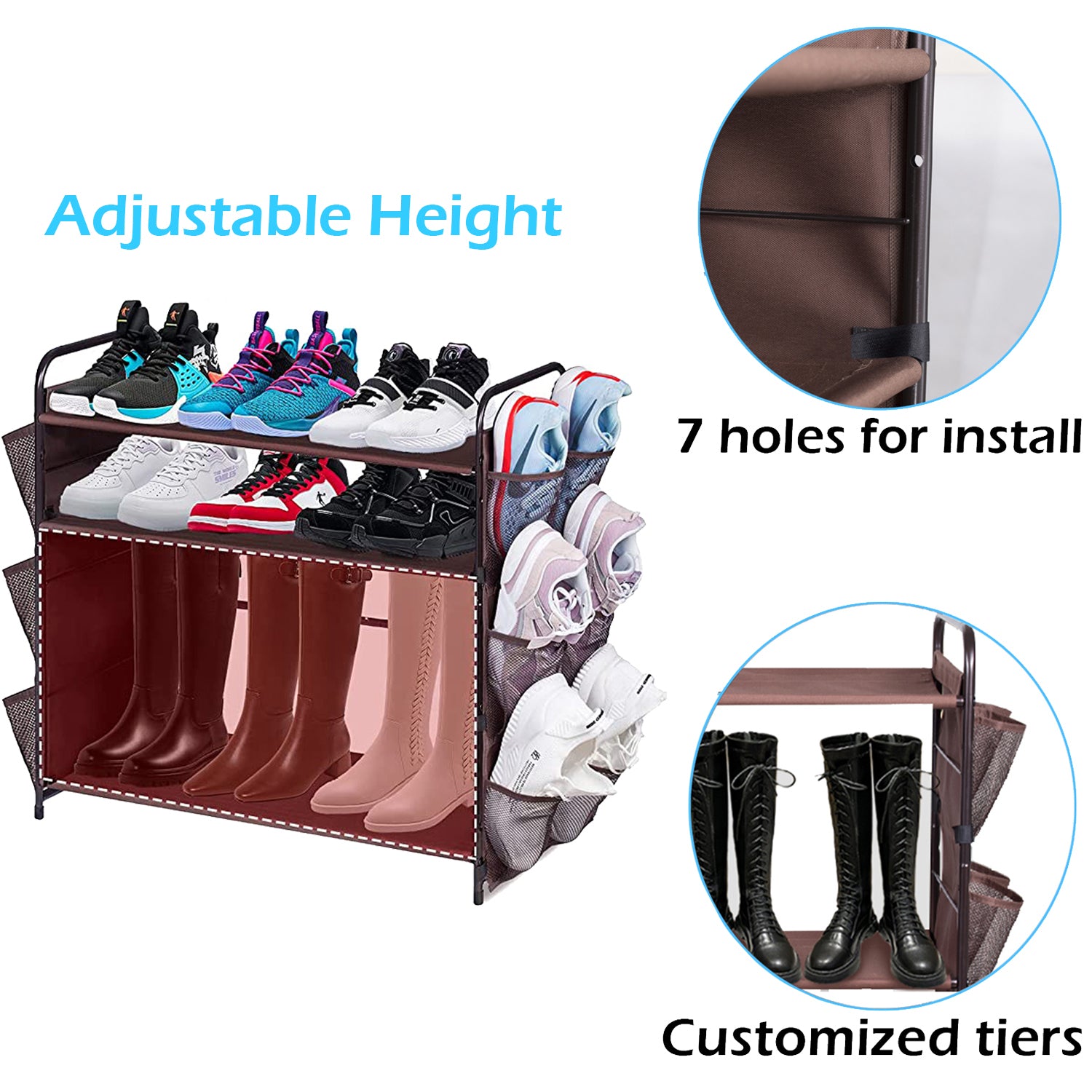 MISSLO 4 Tier Metal Shoe Rack for Closet Entryway 24 Pairs Stackable Shoes Shelf Storage Organizer Mesh Pockets ， Brown