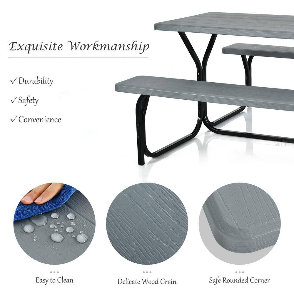 Costway Gray Rectangle Metal Picnic Table Bench Set with Extension OP3499GR