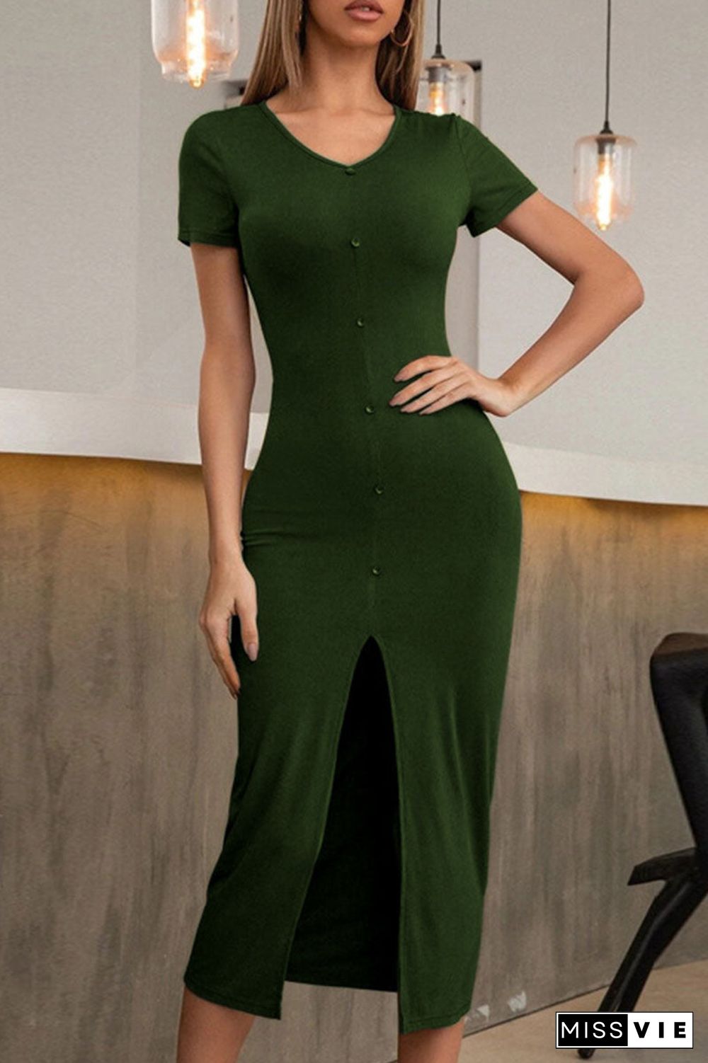 Fashion Casual Solid Slit V Neck Pencil Skirt Dresses