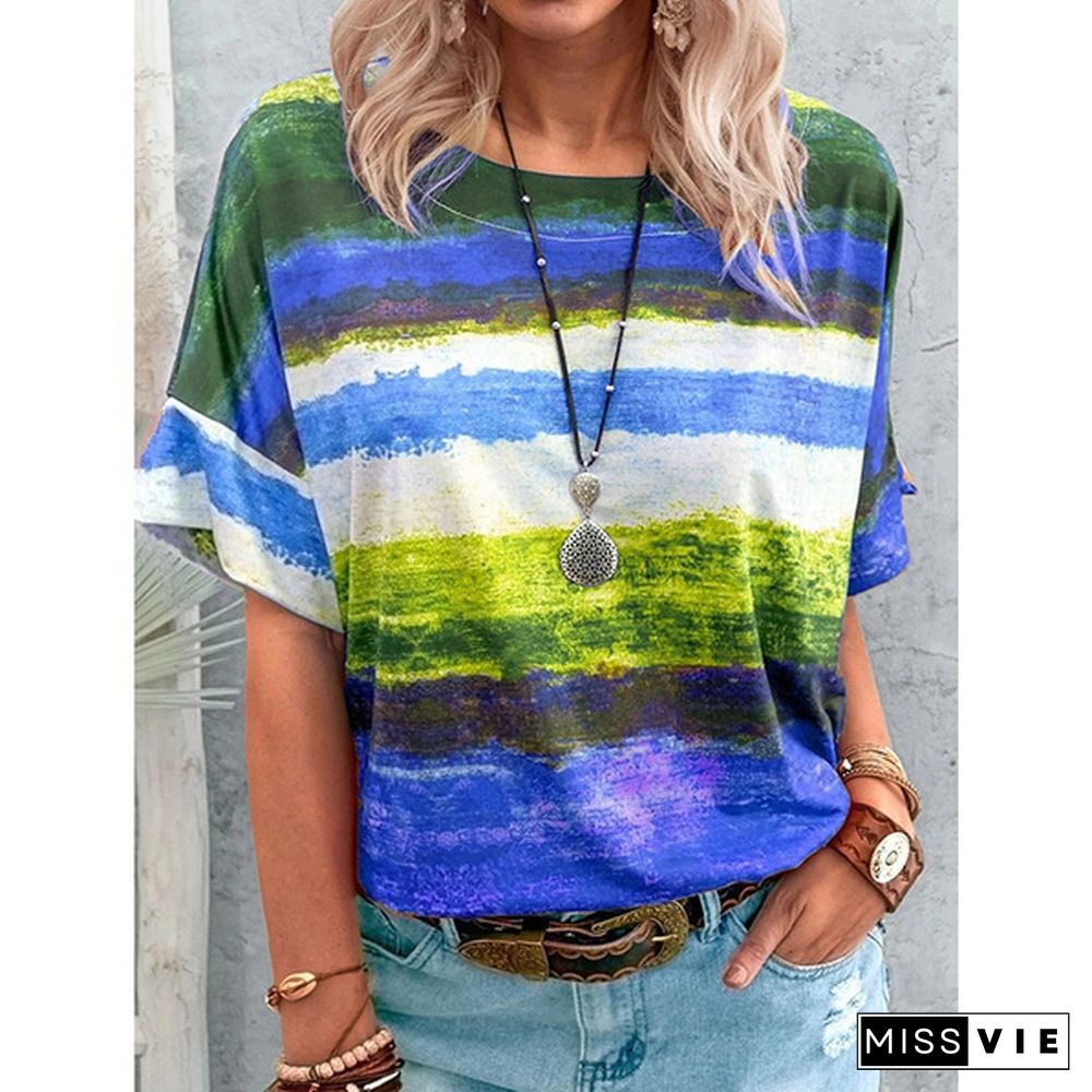 XS-8XL Spring Summer Tops Plus Size Fashion Women's Casual Short Sleeve Tee Shirts Block Color Striped Tops Ladies O-neck Printed Tops Cotton Loose T-shirts