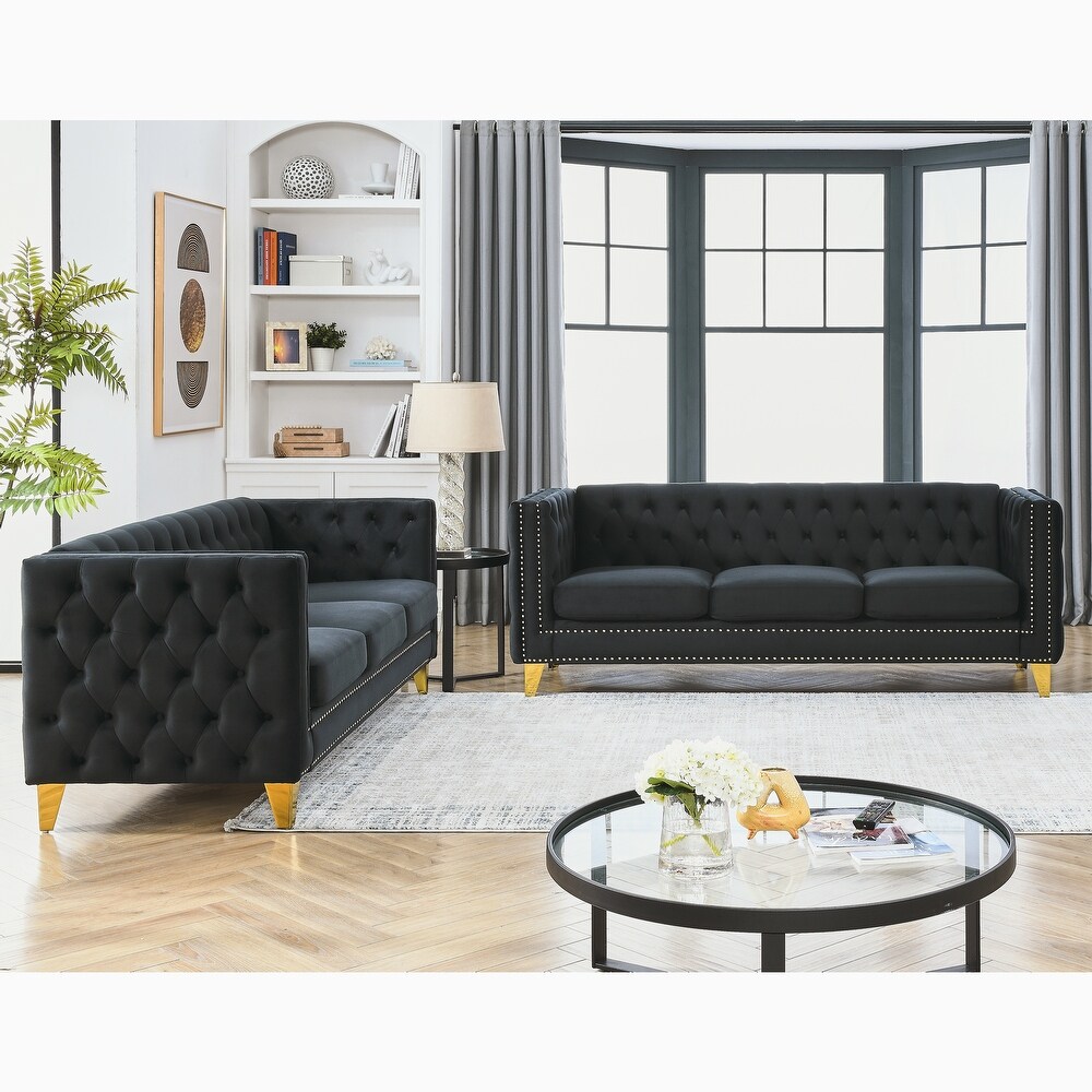 Classic Velvet Chesterfield Sofa Set with Nailhead Trim (Solid Wood Frame  3 Seaters)