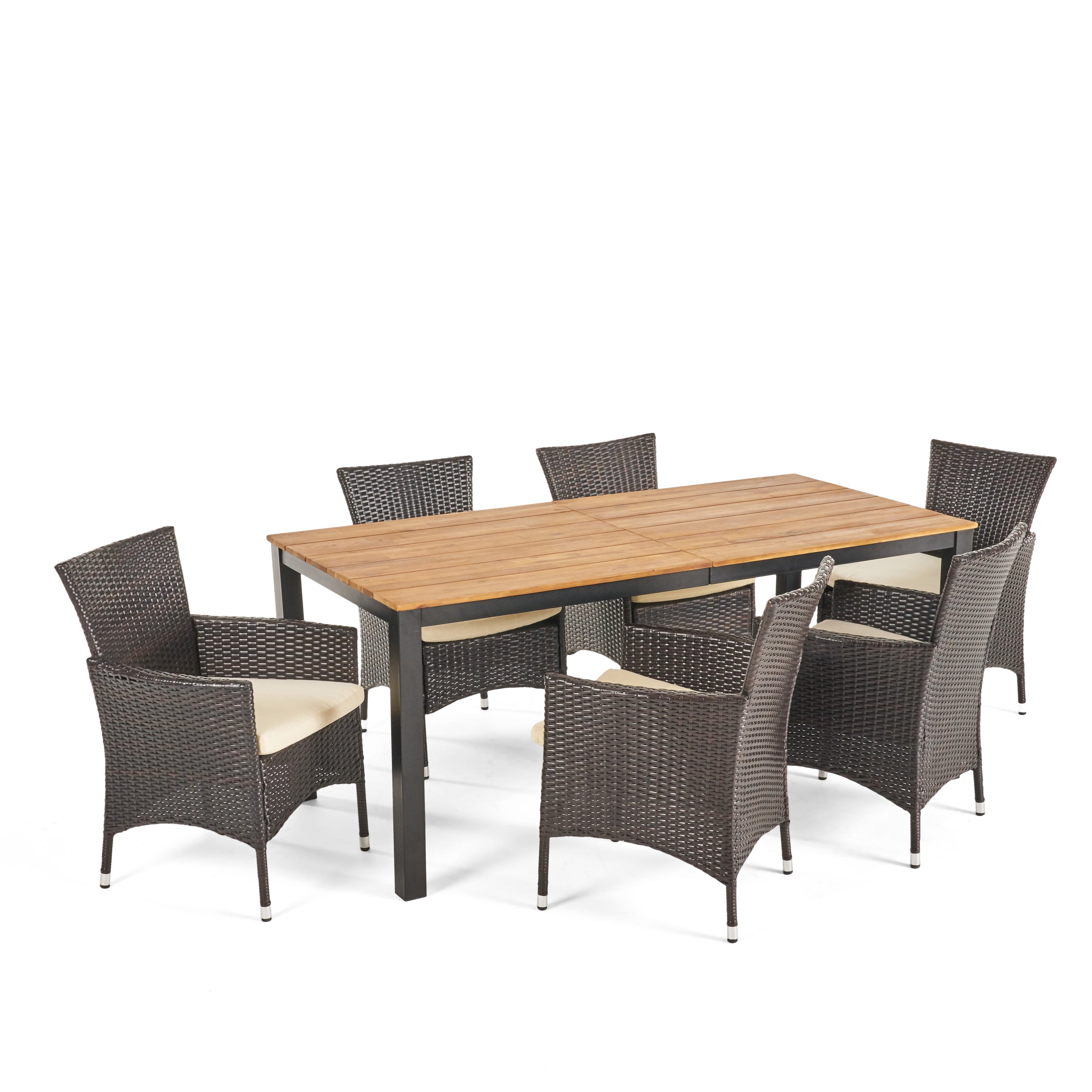 Teresa Outdoor 7 Piece Acacia Wood Dining Set with Wicker Chairs