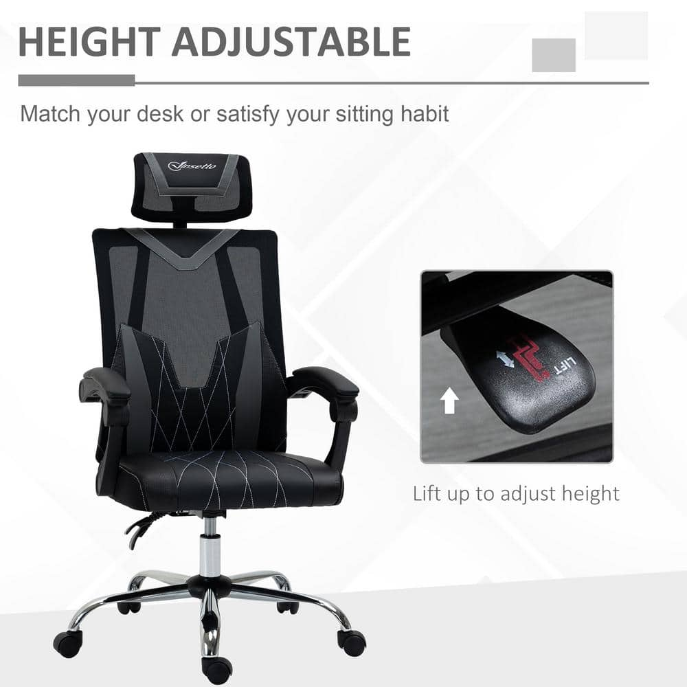 Vinsetto Grey PU Ergonomic Desk Chair with Non-Adjustable Arms 921-469V80GY