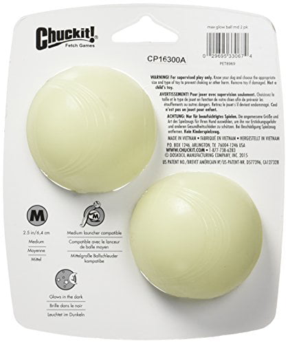 Chuckit! Max Glow Dog Toy Ball， Medium， Glow in the dark， 2 Pk