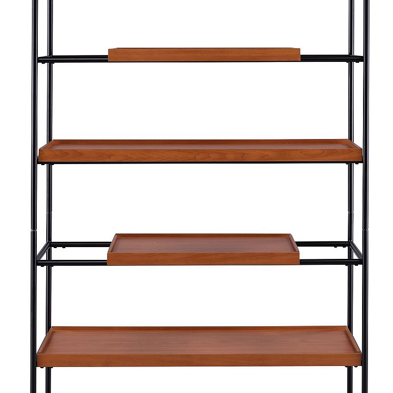 5 Tier Wooden Bookshelf with Open Metal Frame， Oak Brown and Black