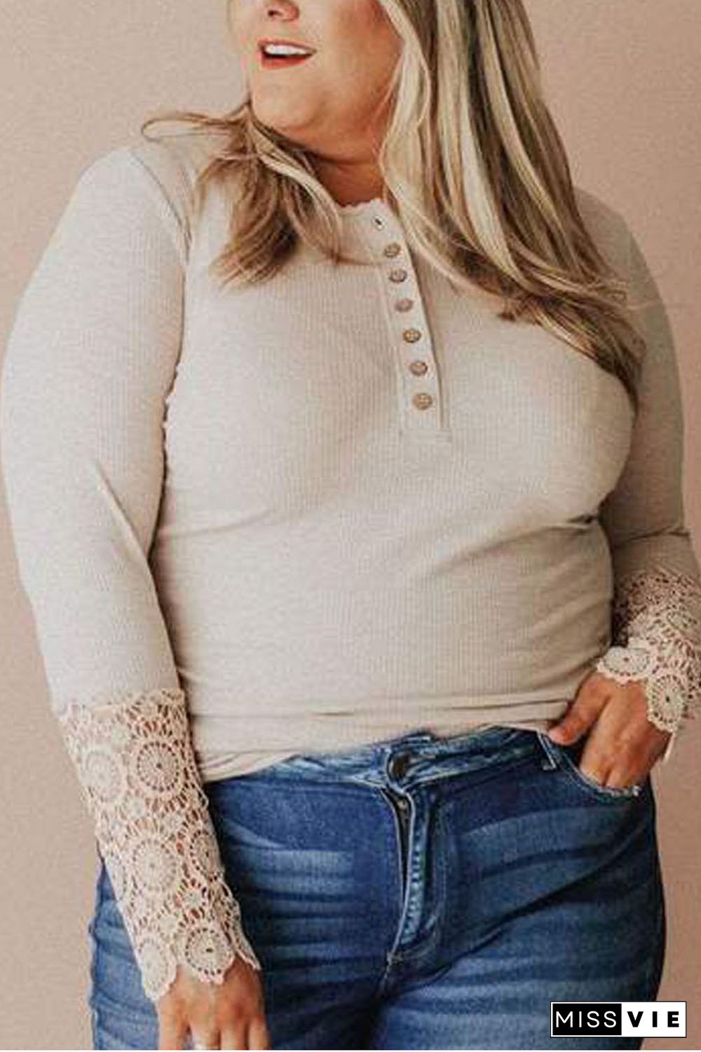 Apricot Lace Splicing Ribbed Long Sleeve Plus Size Top