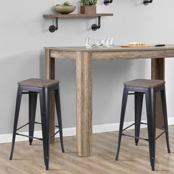 30inch Metal Stool with Light/Dark Wooden Seat-Set of 4