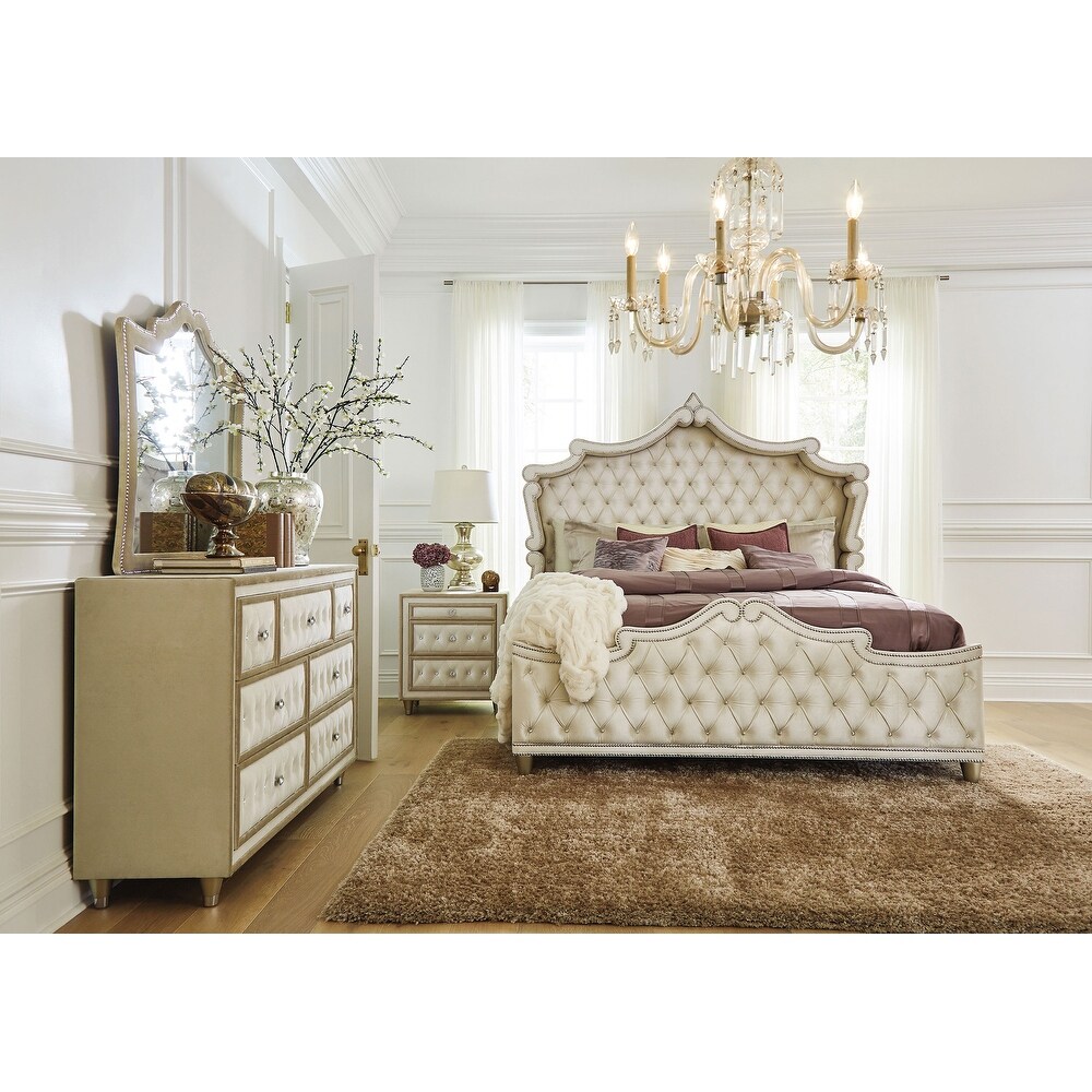 Coaster Furniture Antonella 4 Piece Upholstered Tufted Bedroom Set Ivory/Camel And Grey