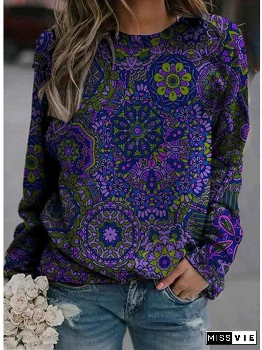 Women Long Sleeve Scoop Neck Printed Graphic Tops Sweatshirts