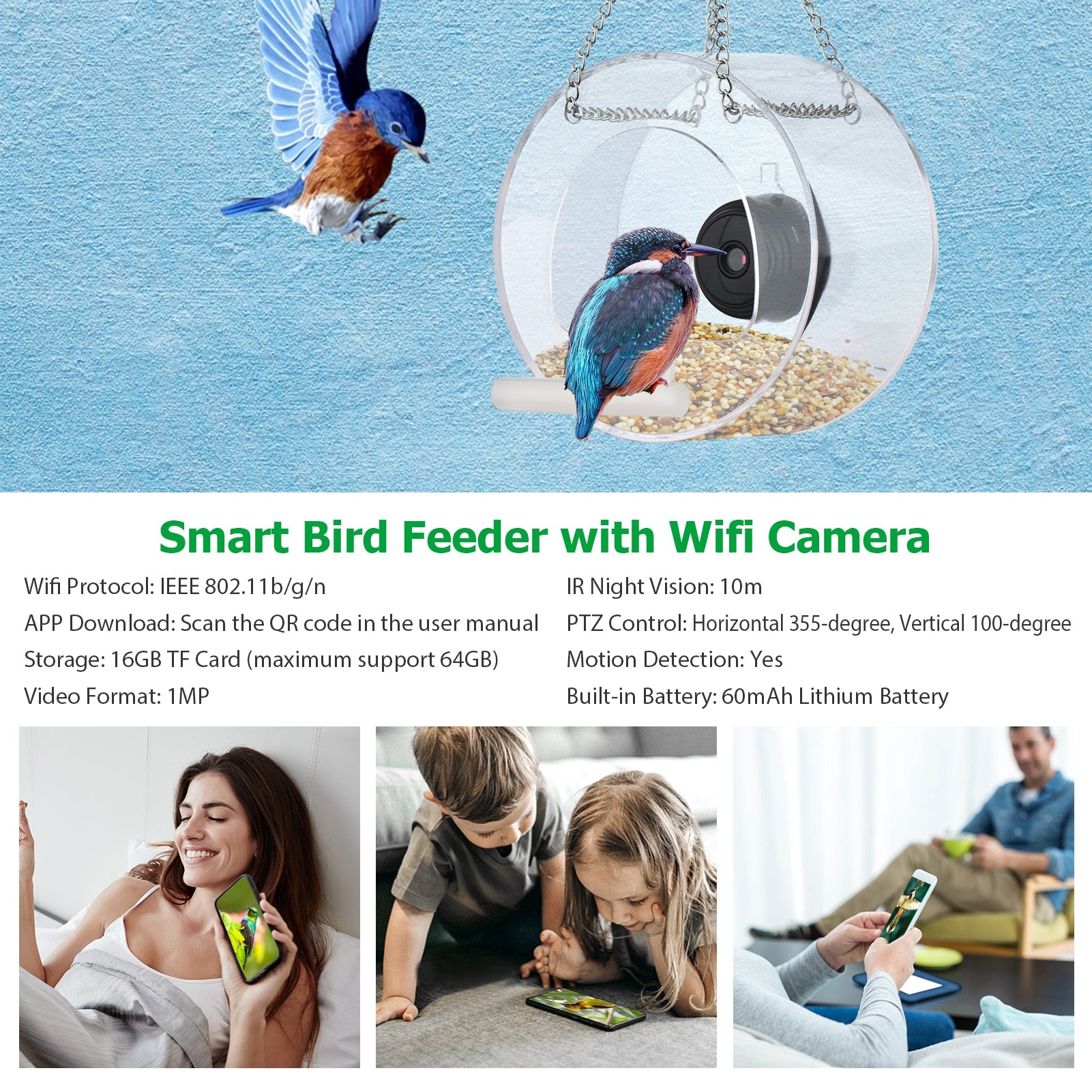 Bird Feeder with Camera HD 1080P Night Version Camera WiFi Remote Connection to Mobile Phone for Family， Outdoor Bird Watching Photos Bird Lovers