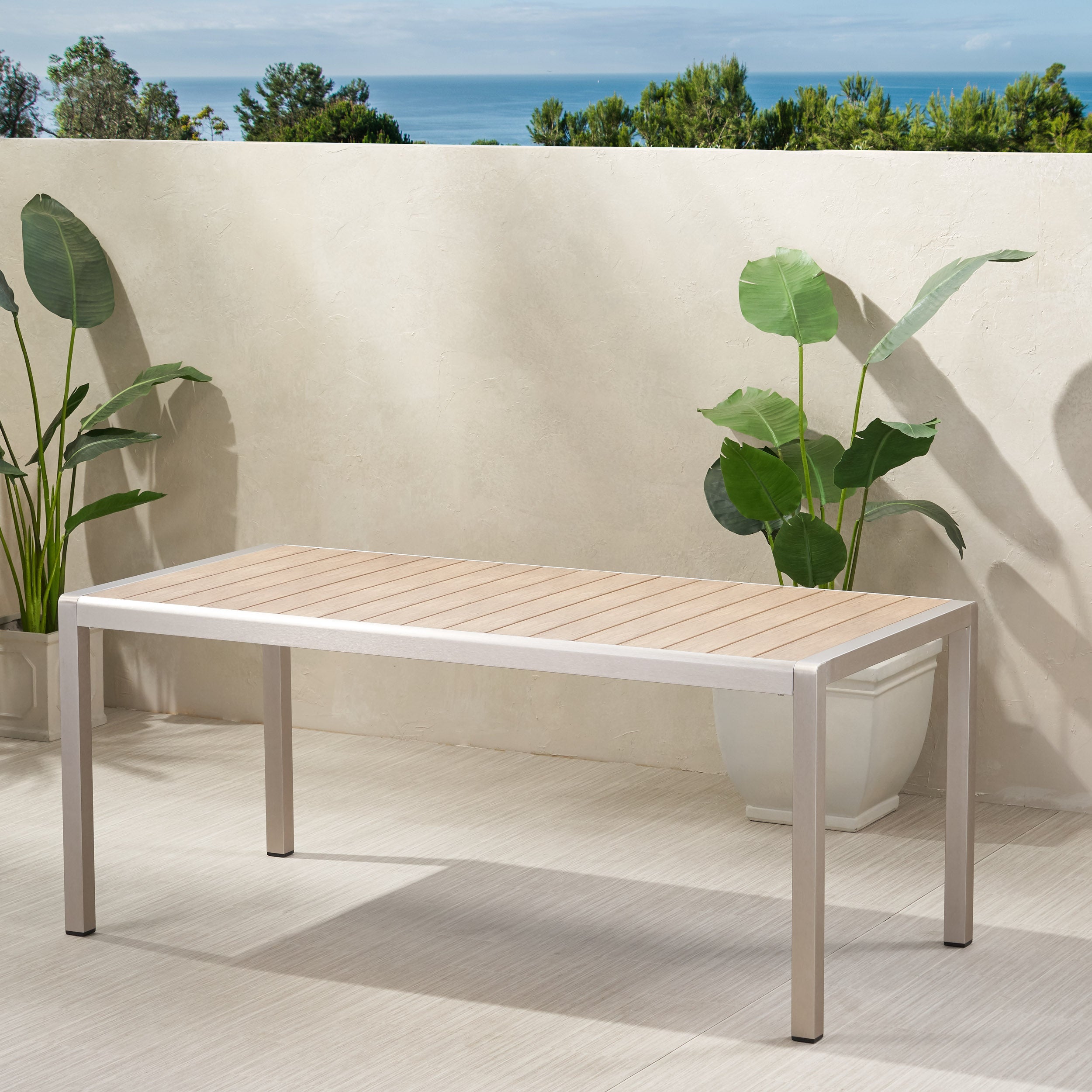 Cherie Outdoor Modern Aluminum Dining Table with Faux Wood Table Top