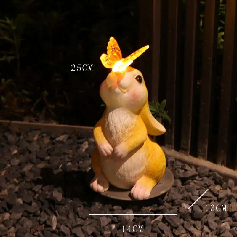 Solar Outdoor Garden Statueswith Light Balcony Yard Lawn Garden Decor Supplies Rabbit with Illuminated Butterfly Craft Ornament