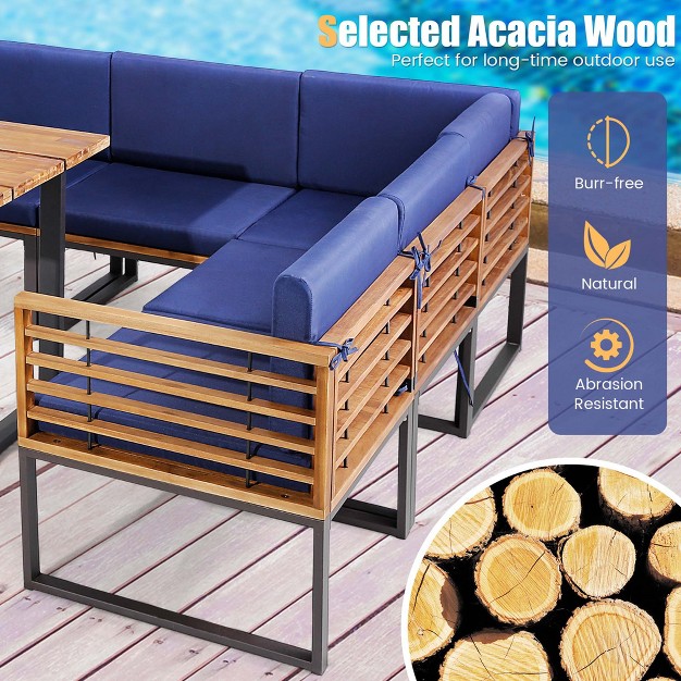 Costway 8pcs Patio Acacia Wood Dining Table amp Ottoman Sofa Chair Set Outdoor Furniture