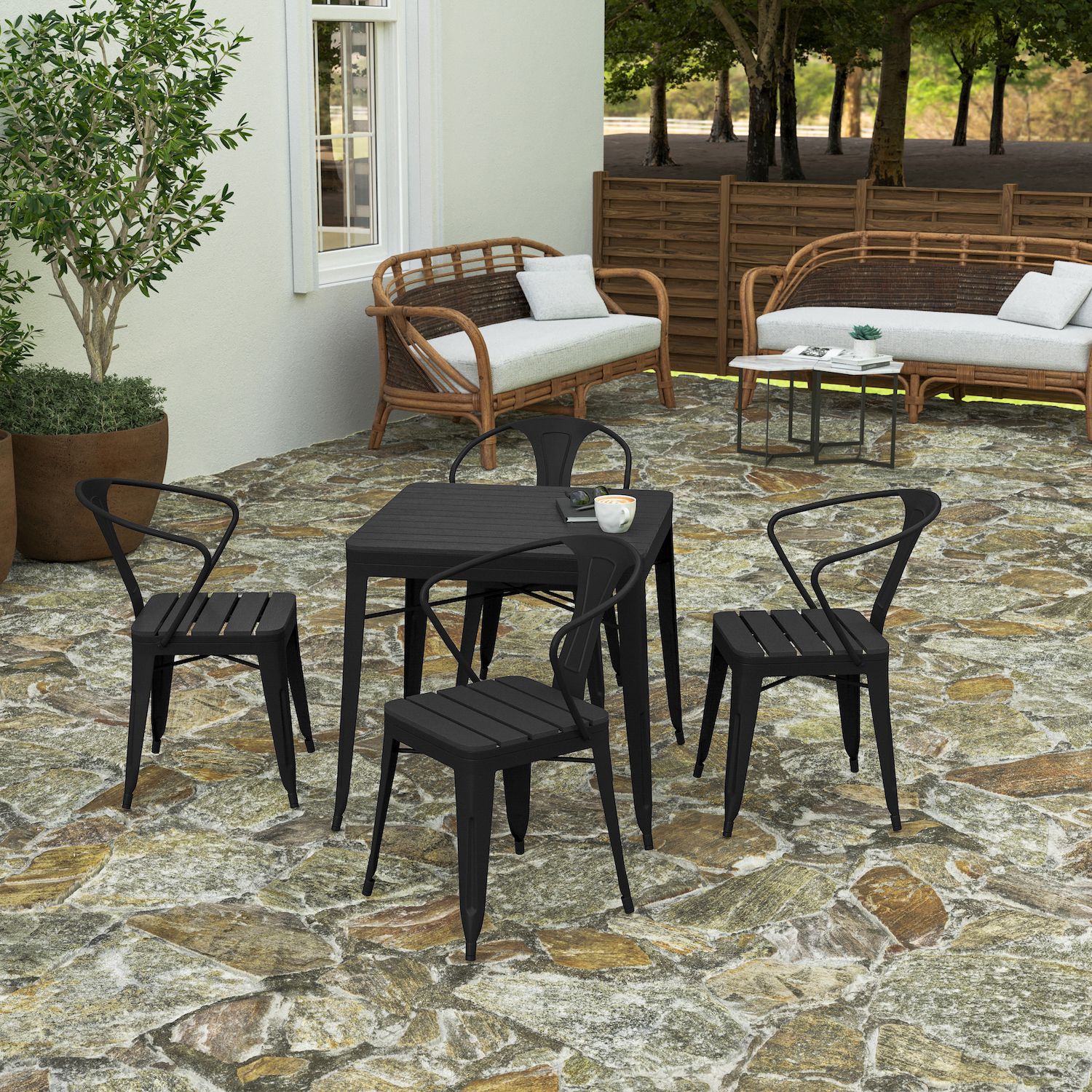 Merrick Lane Hara Five Piece Indoor-Outdoor Dining Table and Chairs Set with 31.5 Square Table and 4 Metal Chairs in Black